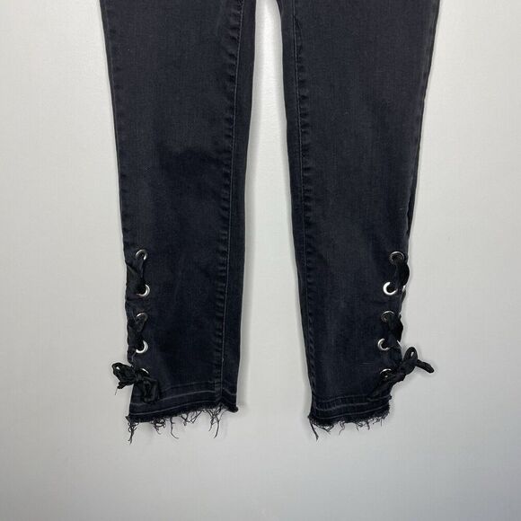 MANGO Denim Jeans Women 2 Black Corset-Tie Raw Hem Detail Slim MNG - Picture 4 of 14